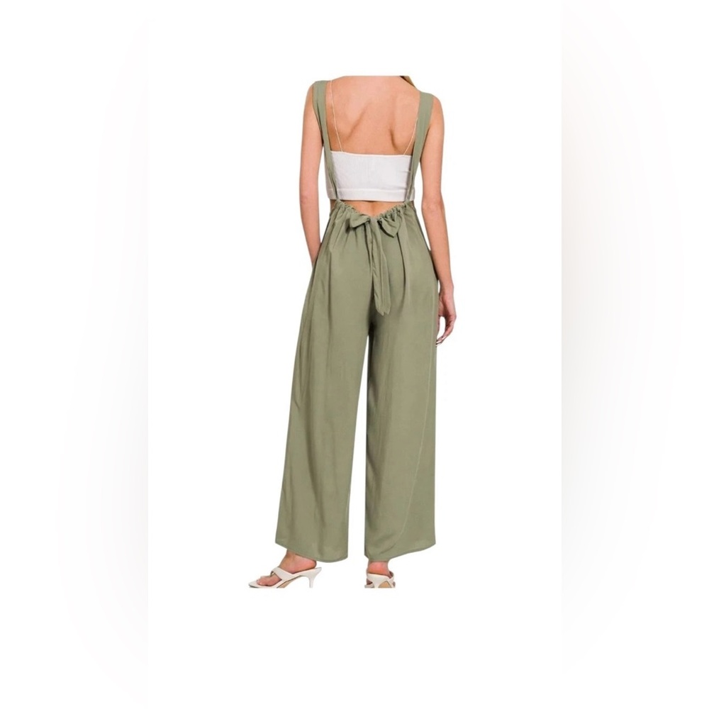 Brand New Zenana Boho Wide Leg Jumpsuit w/ Pockets Stone Light Grey Rayon Small - Picture 4 of 5